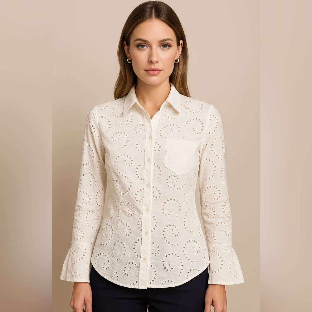 🤍 Anne Fontaine Paris White Eyelet Cotton Blouse 40 (M)✨